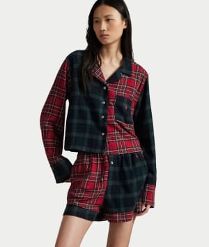 Crop & Boxer Plaid Woven Pajama Set: undefined