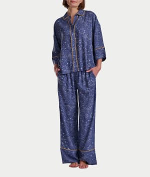 Woven 3/4 Sleeve Button-Down Top and Long Pant Set: undefined