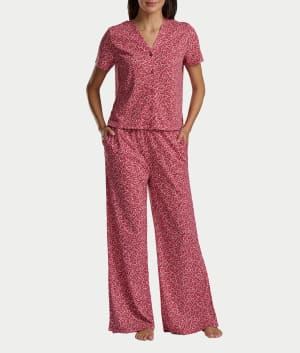 Pointelle Short Sleeve Button-Down Top and Long Pant Set: undefined