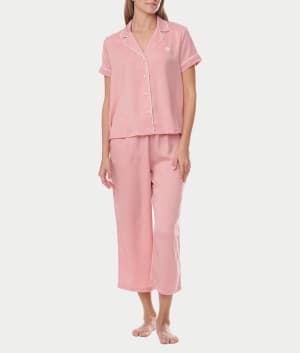 Notch Collar Cropped Woven Pajama Set: undefined