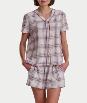 Short Sleeve Woven Plaid Boxer Pajama Set: undefined