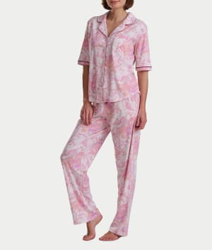 Petite Notch Collar Elbow Sleeve Pajama Set With Lace: undefined