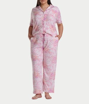 Plus Size Notch Collar Elbow Sleeve Pajama Set With Lace: undefined