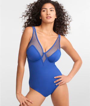 The Slimming Underwire Mesh Plunge One-Piece: undefined