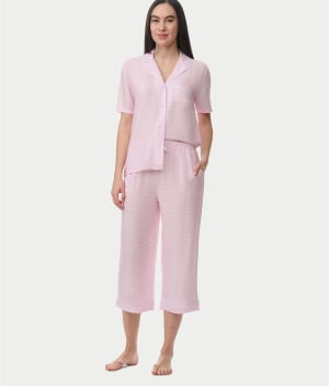 Notch Collar Woven Capri Pajama Set: undefined